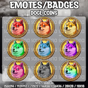9 Doge Coin Meme Emotes/Badges Bundle Pack 3 - Twitch, Youtube, Discord, Tiktok | Cute Chibi Cartoon Characters | Rainbow Coloured | Shiba