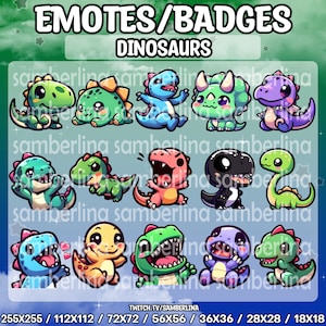 15 種類の恐竜エモート/バッジ バンドル パック - Twitch、Youtube、Discord、Tiktok | かわいいチビ漫画キャラクター | 先史時代 | 爬虫類