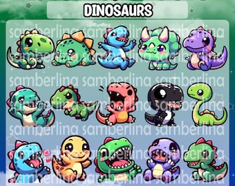 15 Dinosaur Emotes/Badges Bundle Pack - Twitch, Youtube, Discord, Tiktok | Cute Chibi Cartoon Characters | Prehistoric | Reptile