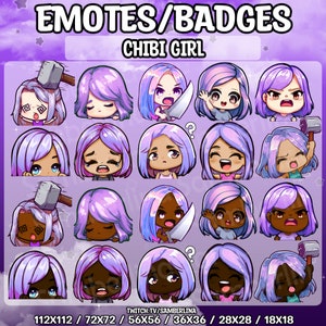 10 Chibi Girl Emotes/Badges Bundle Pack - Twitch, Youtube, Discord | Lila Haare | 4 Hauttöne | Niedliche Charaktere