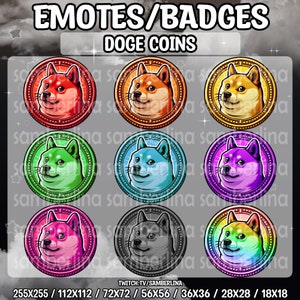 9 Doge Coin Meme Emotes/Badges Bundle Pack 2 - Twitch, Youtube, Discord, Tiktok | Cute Chibi Cartoon Characters | Rainbow Coloured | Shiba