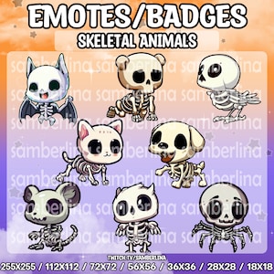 8 Skeletttiere Emotes/Badges - Twitch, Youtube, Discord, Tiktok | Halloween | Gruselzeit | Chibi Zeichen | Emote Bündel