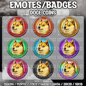 9 Doge Coin Meme Emotes/Badges Bundle Pack 1 - Twitch, Youtube, Discord, Tiktok | Cute Chibi Cartoon Characters | Rainbow Coloured | Shiba