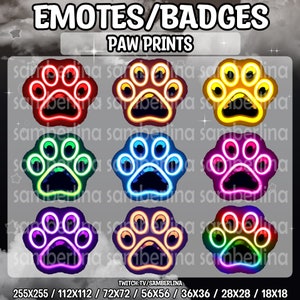 9 Leuchtende Pfotenabdrücke Emotes/Badges - Twitch, Youtube, Discord, Tiktok | Niedliche Regenbogenfarbene Digitale Figuren | Cartoon Glow Emote