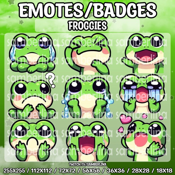 Pack de 9 émoticônes/badges grenouille - Twitch, Youtube, Discord, Tiktok | Animaux mignons de bande dessinée de Chibi | Grenouilles | Lot de méga émotes