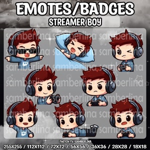 Paquete de 8 gestos/insignias de Streamer Boy de cabeza roja - Twitch, Youtube, Discord / Personajes de dibujos animados / Con/Sin gafas / Mega Emote