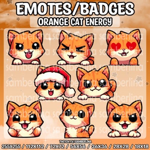 Lot de 8 émoticônes/badges chat roux - Twitch, Youtube, Discord, Tiktok | Animaux mignons de bande dessinée de Chibi | Orange Cat Energy | Méga émote
