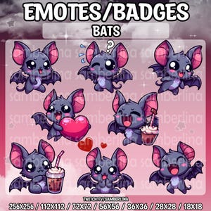 8 Fledermaus Emotes/Badges Bundle Pack - Twitch, Youtube, Discord, Tiktok | Niedliche Chibi Cartoon Charaktere | Mega Emote Paket