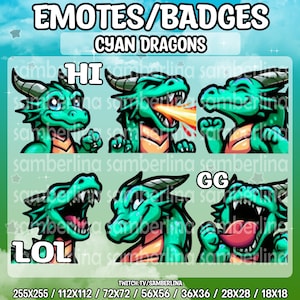 6 Cyan Dragon Emotes/Badges Bundle Pack - Twitch, Youtube, Discord, Tiktok | Cute Chibi Cartoon Characters | With/Without Text