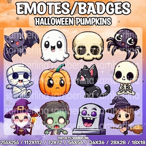 12 Halloween Themed Emotes/Badges Bundle Pack - Twitch, Youtube, Discord, Tiktok | Niedliche Figuren | Hexe | Zauberer | Mumie | Zombie | Gruselig