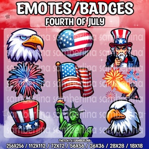 May include: A collection of Fourth of July themed emotes and badges. The image features illustrations of an American flag, an eagle, Uncle Sam, fireworks, a heart with the American flag design, a top hat, and the Statue of Liberty. Text includes "EMOTES/BADGES" and "FOURTH OF JULY".