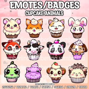Paquete de 12 gestos/insignias de cupcakes de animales - Twitch, Youtube, Discord, Tiktok / Personajes lindos / Cachorro / Mono / Rana / Hipopótamo / Panda