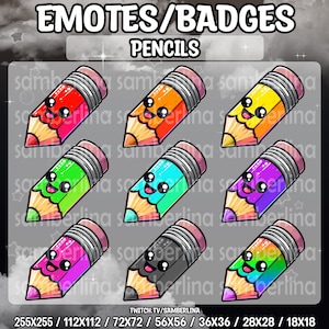 9 Colored Pencil Emotes/Badges Bundle Pack - Twitch, Youtube, Discord, Tiktok | Cute Chibi Cartoon Characters | Rainbow Coloured Mega