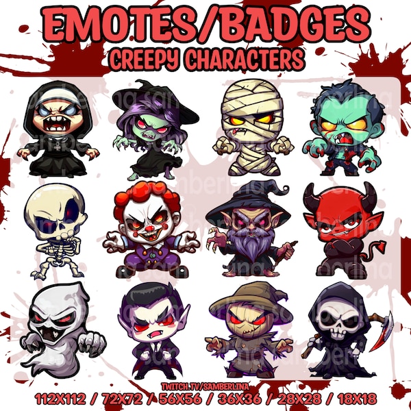 12 Creepy Character Emotes/Badges Bundle Pack - Twitch, Youtube, Discord | Halloween | Horror | Ghost | Reaper | Clown | Mummy | Nun | Witch
