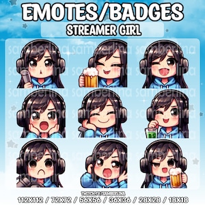 9 Streamer Girl Emotes/Badges Bundle Pack - Twitch, Youtube, Discord | Cute Chibi Cartoon Characters | Mega Emote Bundle