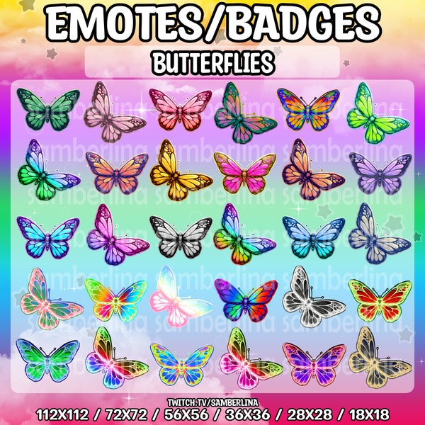 30 farbige Schmetterling Emotes/Badges Bundle Pack - Twitch, Youtube, Discord | Niedliche Chibi Charaktere | Umgekehrte Farben | Mega Emote Bundle