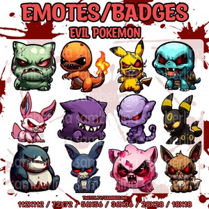 12 emote/badge Pokemon malvagi: Twitch, Youtube, Discord, Halloween, Charmander, Squirtle, Bulbasaur, Pikachu, Snorlax, Jigglypuff