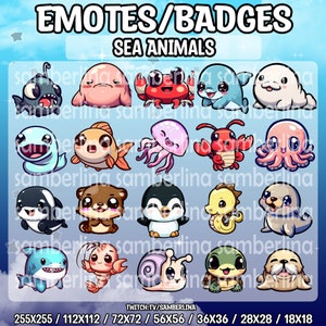 20 Meerestier Emotes/Badges Pack - Twitch, Youtube, Discord, Tiktok | Chibi Zeichen | Niedliche Tiere | Das Leben im Wasser