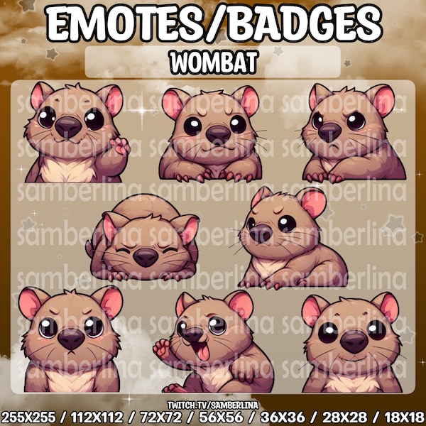 8 Wombat Emotes/Badges Bundle Pack - Twitch, Youtube, Discord, Tiktok | Cute Chibi Cartoon Animals | Australian Mammal | Mega Emote Bundle