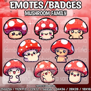 8 Mushroom Family Emotes/Badges Bundle Pack - Twitch, Youtube, Discord, Tiktok | Cute Chibi Characters | Mega Emote Bundle