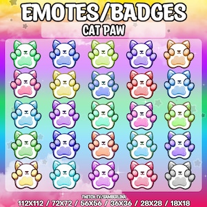 25 Cat Paw Emotes/Badges Pack - Twitch, Youtube, Discord | Kawaii Badge | Rainbow Colors