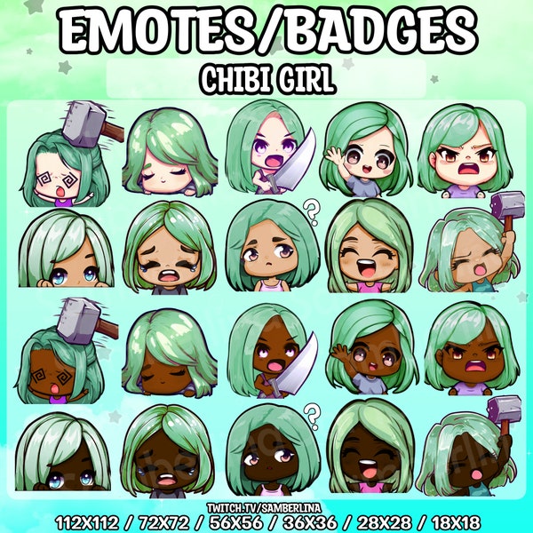 10 Chibi Girl Emotes/Badges Bundle Pack - Twitch, Youtube, Discord | Green Hair | 4 Skin Tones | Cute Characters