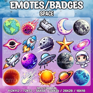 20 Space Emotes/Badges Bundle Pack - Twitch, Youtube, Discord | Cute Chibi Characters | Shuttle | Planets | Cartoon | Mega Emote Package