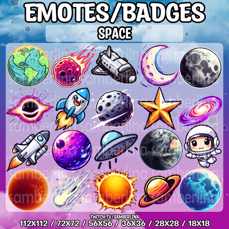 20 Space Emotes/badges Bundle Pack Twitch, Youtube, Discord Cute Chibi