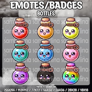 9 Bottle Emotes/Badges Bundle Pack - Twitch, Youtube, Discord, Tiktok | Cute Chibi Cartoon Characters | Mega Emote | Rainbow Colored