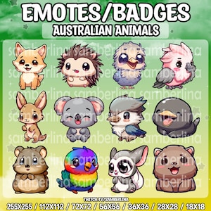12 Australian Native Animals Emotes/Badges Pack - Twitch, Youtube, Discord, Tiktok | Cute Chibi Characters | Kangaroo | Koala | Emu | Quokka