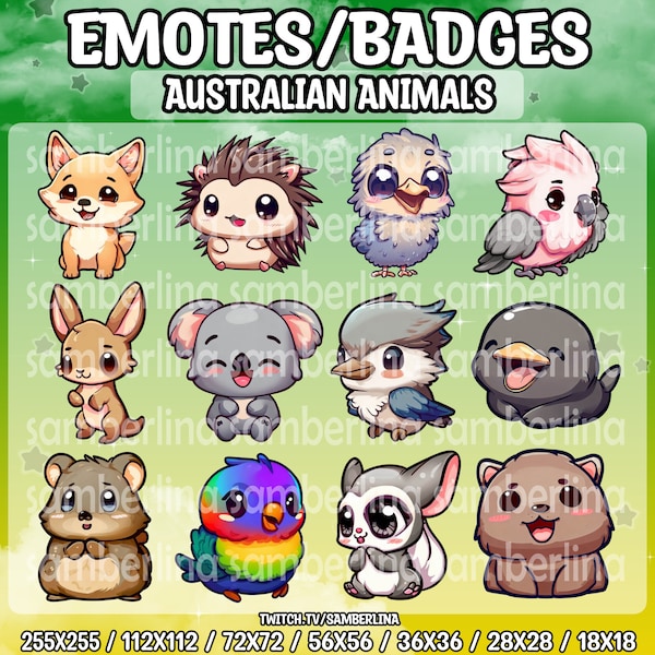 12 Australische Ureinwohner Tiere Emotes/Badges Pack - Twitch, Youtube, Discord, Tiktok | Niedliche Chibi Charaktere | Känguru | Koala | Wichtel | Quokka