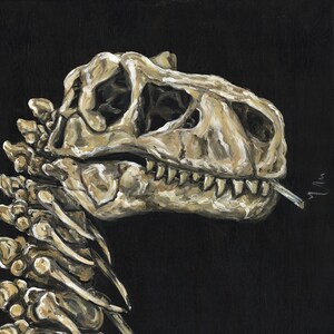May include: A detailed painting of a Tyrannosaurus Rex skeleton with a cigarette in its mouth. The skull is painted in a light beige color, while the rest of the skeleton is a darker beige. The background is black.