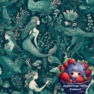 Nahtloses Design, Ätherische Meerjungfrauen in einer Lagune, Sirenen, Anemone, Ozean Floral, Leben im Meer, Handwerk, Stoffdruck, Tapete, PNG 1024x1024