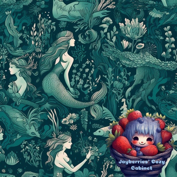 Seamless Design, Ethereal Mermaids in a Lagoon, Sirens, Anemone, Ocean Floral, Sea Life, Crafting, Fabric Printing, Wallpaper, PNG 1024x1024