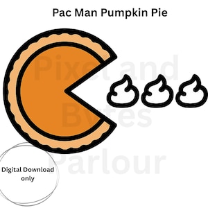 May include: A digital illustration of a Pac-Man-inspired pumpkin pie. The pie is orange with a black outline, and a bite is taken out of it. Three dollops of whipped cream are next to the pie. Text reads "Pac Man Pumpkin Pie" and "Digital Download only."