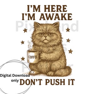 Lustige Grumpy Cat PNG - Vintage Sepia Persische Katzentasse mit Zitat - Ich bin hier, ich bin wach, drück es nicht - Retro Katzenliebhaber, Shirts, Tassen & mehr