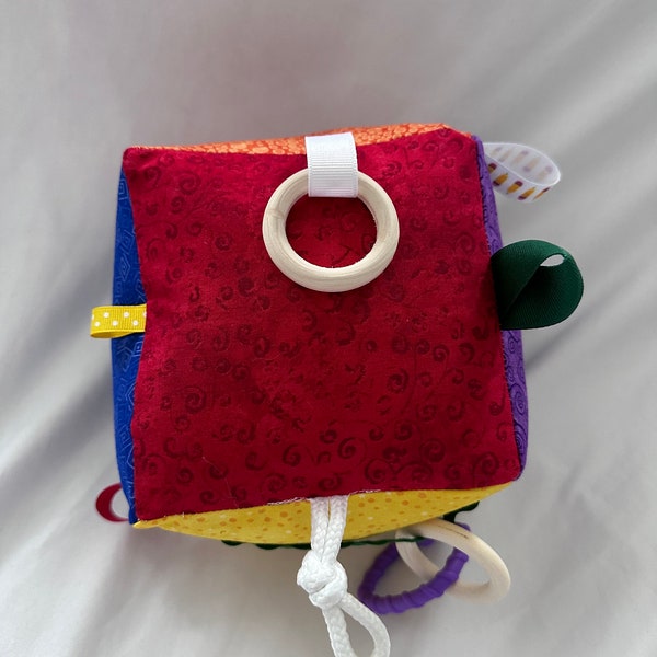 Baby sensory block, rattle activity cube, gender neutral fabrics, rainbow colors