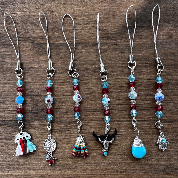 Western phone charm with beads, or could be used as keychain, aqua and red beads, southwestern