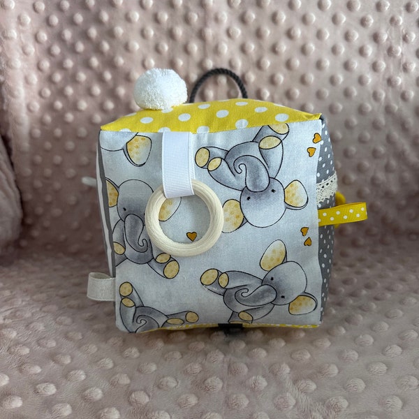 Baby sensory block, rattle activity cube, gray and yellow elephant