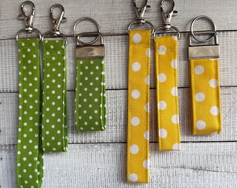 Polka dot wristlet, mini keyfob, yellow polka dot, green and white, fabric wrist strap, keychain