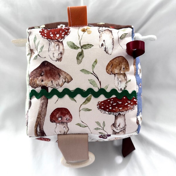 Baby sensory block, rattle activity cube, gender neutral, mushroom and nature fabrics, Easter basket