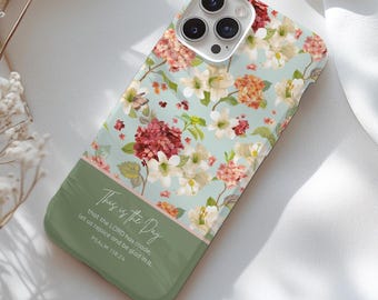 Funda personalizada con versículo bíblico para iPhone 17, 16, 15, 14, 13, 12, 11, 8 Plus y Max. Añade tu cita bíblica favorita. Estampado floral vintage.