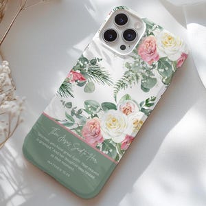 Personalized Bible Verse Phone Case For iPhone 16 15 14 13 12 11 8, Pro Plus Max Mini, Add Your Favorite Bible Quote, Green Floral Pattern