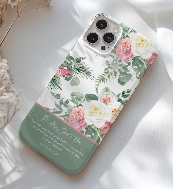 Personalized Bible Verse Phone Case For iPhone 17 16 15 14 13 12 11, Pro Plus Max Mini, Add Your Favorite Bible Quote, Green Floral Pattern Personalized Bible Verse Phone Case For iPhone 17 16 15 14 13 12 11, Pro Plus Max Mini, Add Your Favorite Bible Quote, Green Floral Pattern