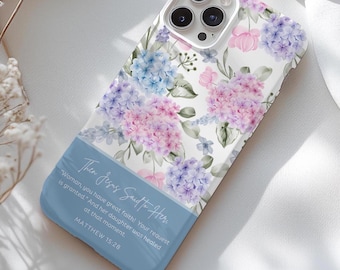 Personalisierte Bibel Vers Telefon Fall für iPhone 17 16 15 14 13 12 11 Pro Plus Max Mini Custom Hortensie Telefon Fall, MagSafe Kompatibel