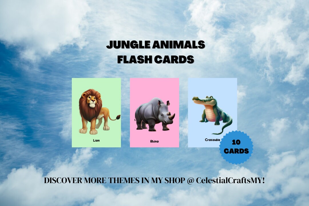 10 Jungle Animals Flash Cards Digital Flash Cards Etsy