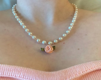 Pink Rose Ribbon Flower Pearl Necklace, Gifts for her