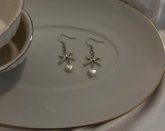 Coquette Sliver Bow Heart Pearl Earrings, Gifts for her