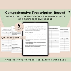 Puede incluir: Una tableta digital muestra una plantilla de "Registro de recetas personales completo", con varias páginas de formularios imprimibles. El texto dice "Optimice la gestión de su atención médica con un registro completo" y "Descarga instantánea".