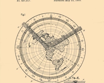 May include: A black and white illustration of a time chart with a map of the world in the centre. The chart is divided into 24 hours, with the hours marked in Roman numerals. The map shows the continents of North America, South America, Europe, Asia, Africa, and Australia. The text on the chart reads "A. GLEASON. TIME CHART. Patented May 23, 1893."